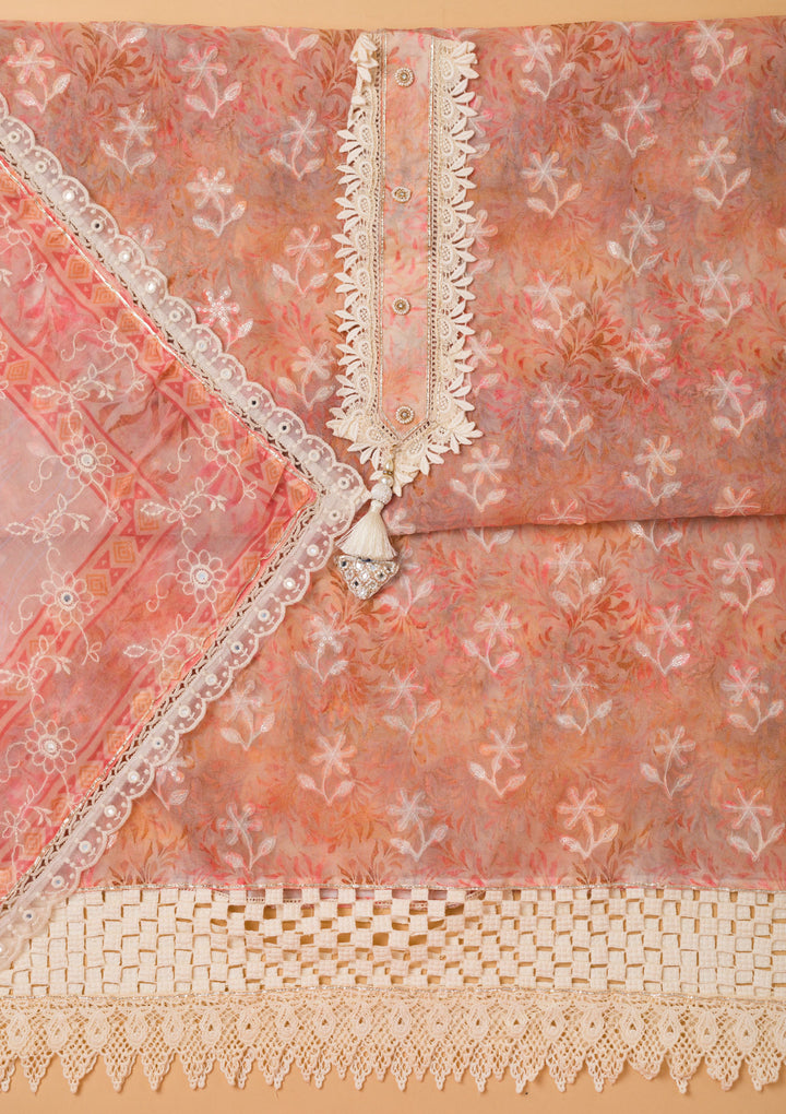 Peach Threadwork Chiffon Unstitched Salwar Suit