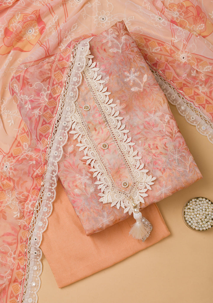 Peach Threadwork Chiffon Unstitched Salwar Suit