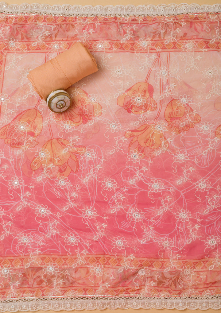Peach Threadwork Chiffon Unstitched Salwar Suit