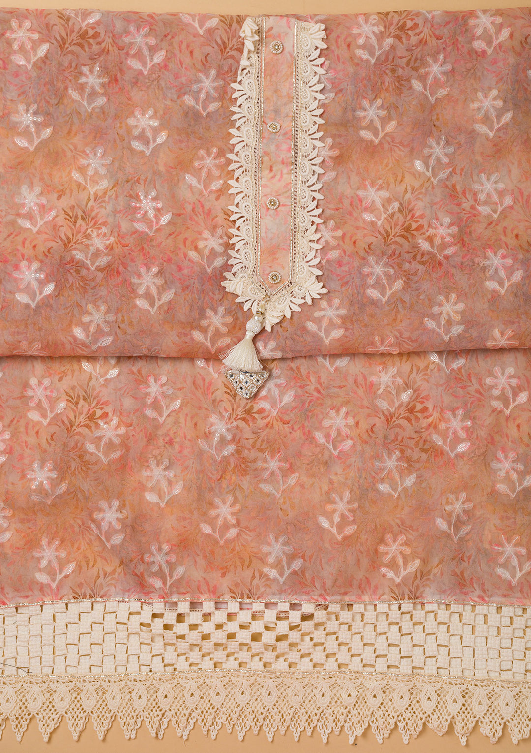 Peach Threadwork Chiffon Unstitched Salwar Suit