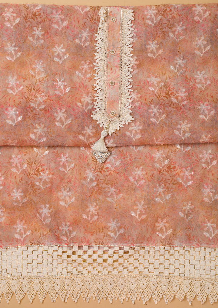 Peach Threadwork Chiffon Unstitched Salwar Suit