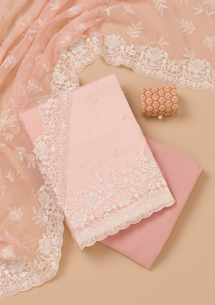 Peach Threadwork Chiffon Unstitched Salwar Suit