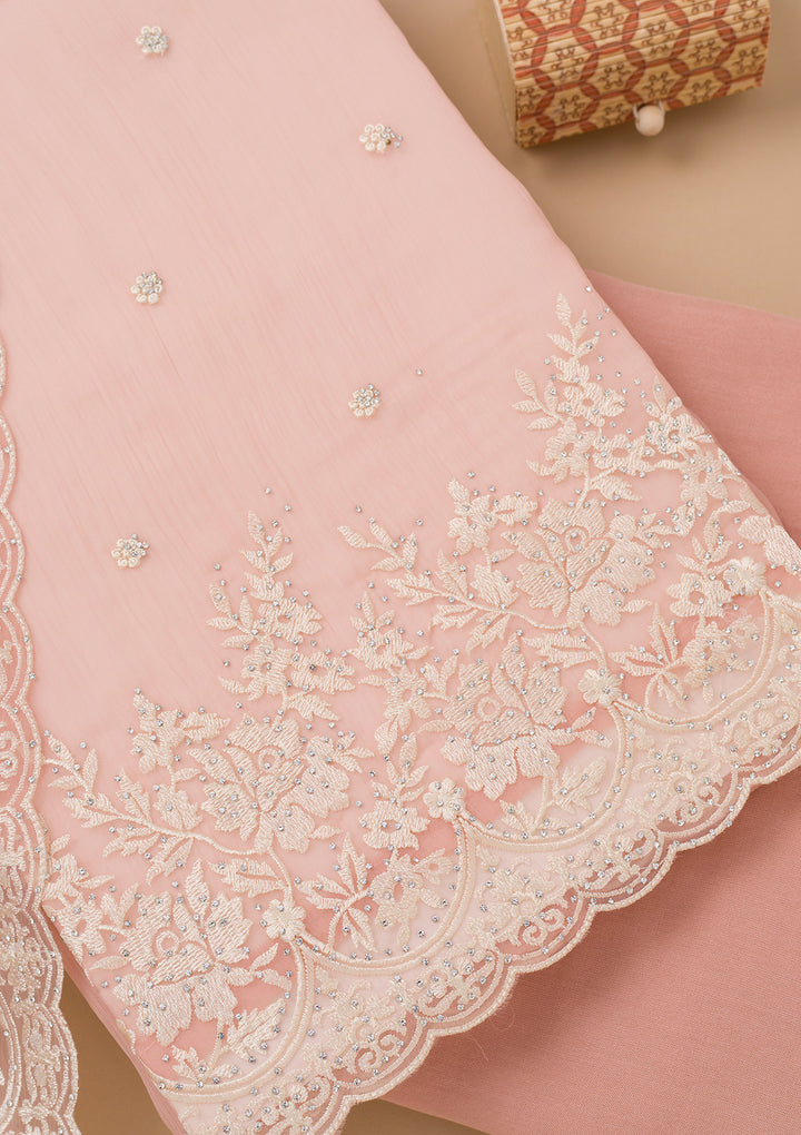 Peach Threadwork Chiffon Unstitched Salwar Suit