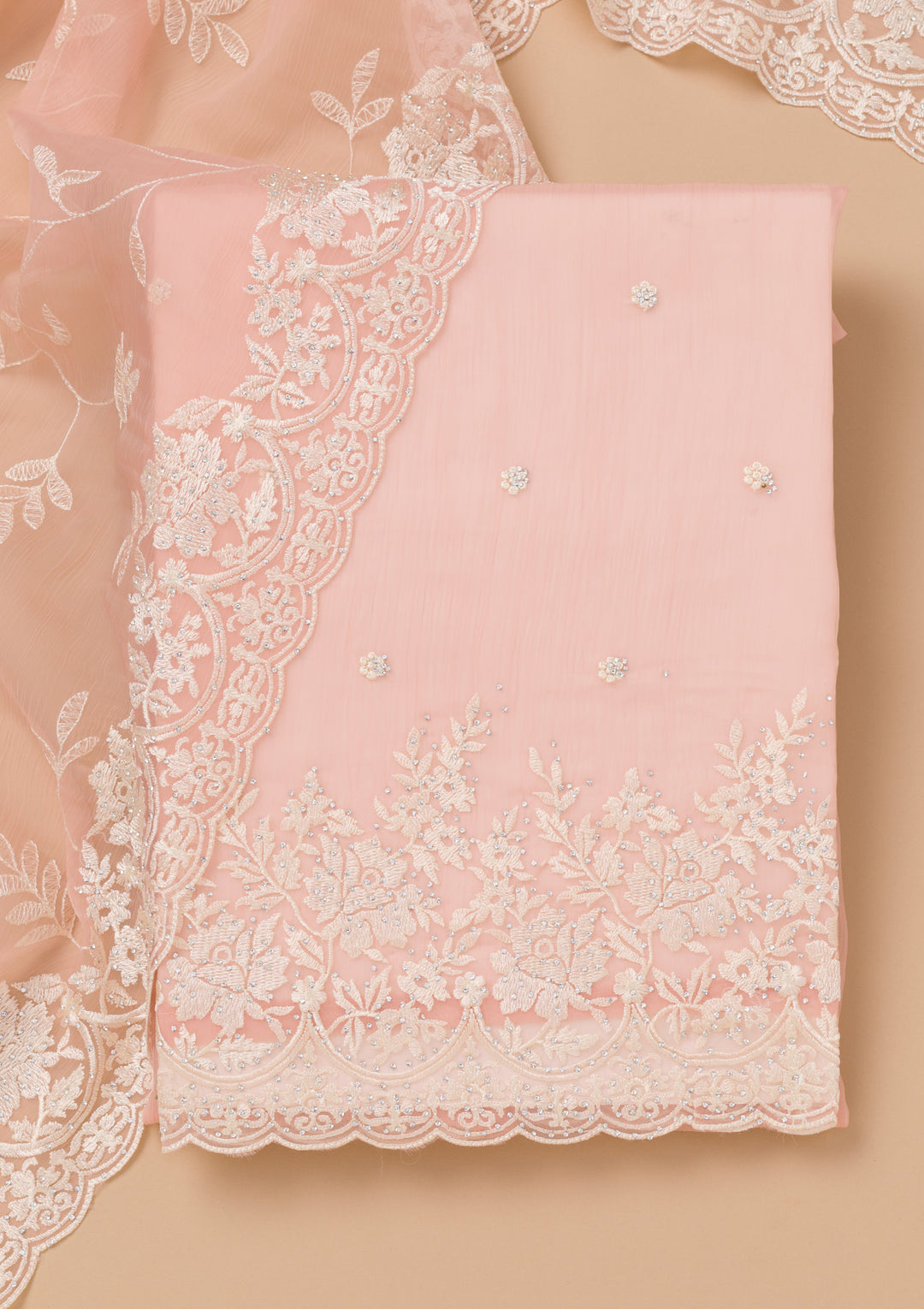 Peach Threadwork Chiffon Unstitched Salwar Suit