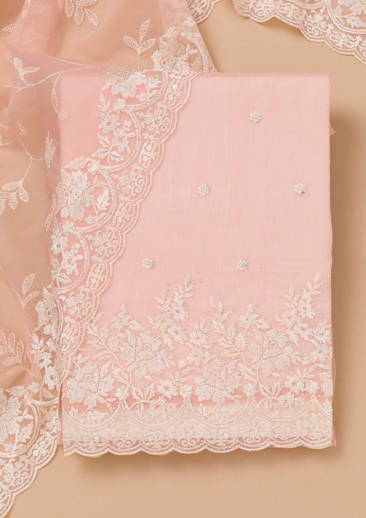 Peach Threadwork Chiffon Unstitched Salwar Suit