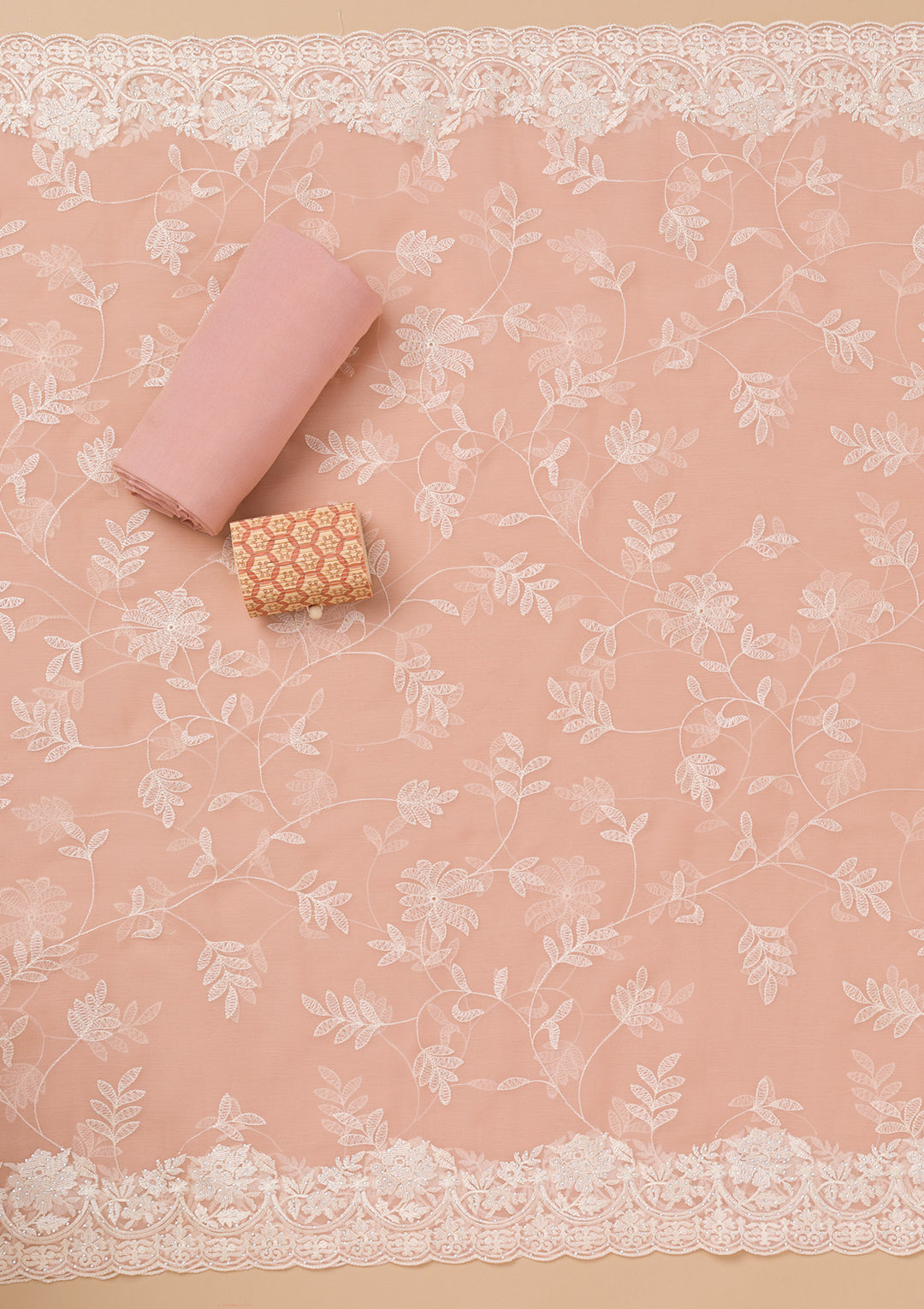 Peach Threadwork Chiffon Unstitched Salwar Suit
