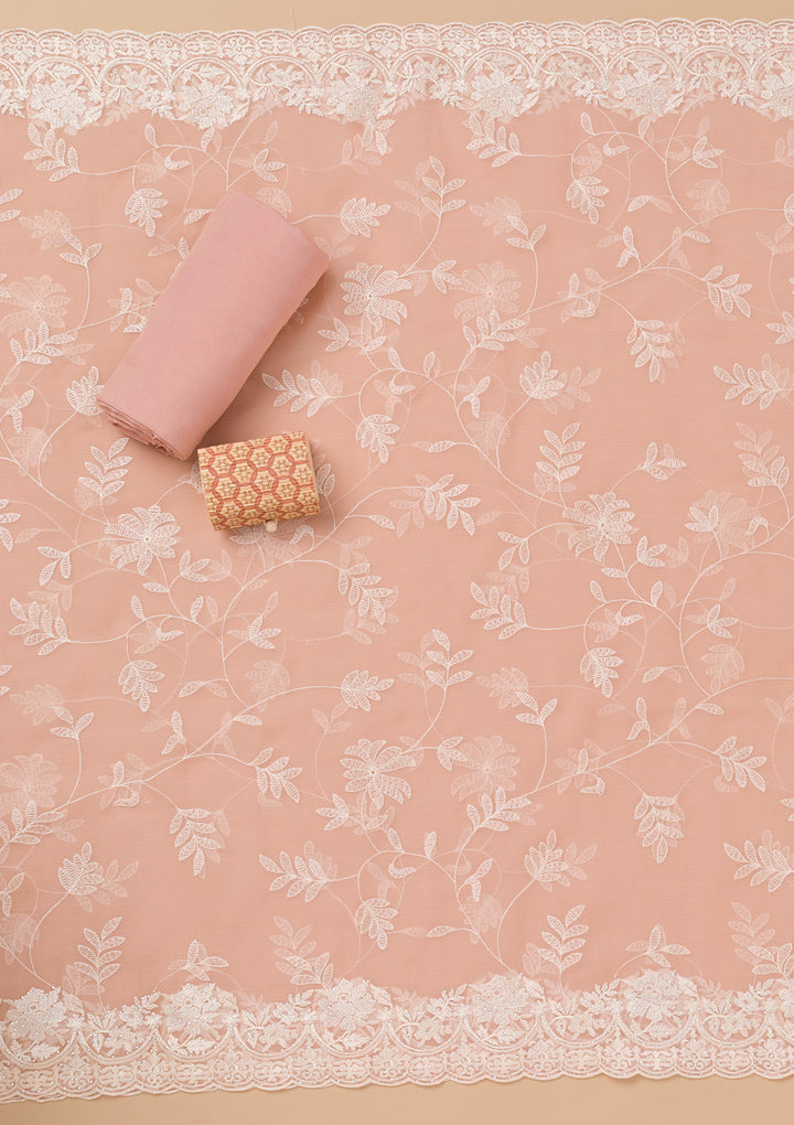 Peach Threadwork Chiffon Unstitched Salwar Suit
