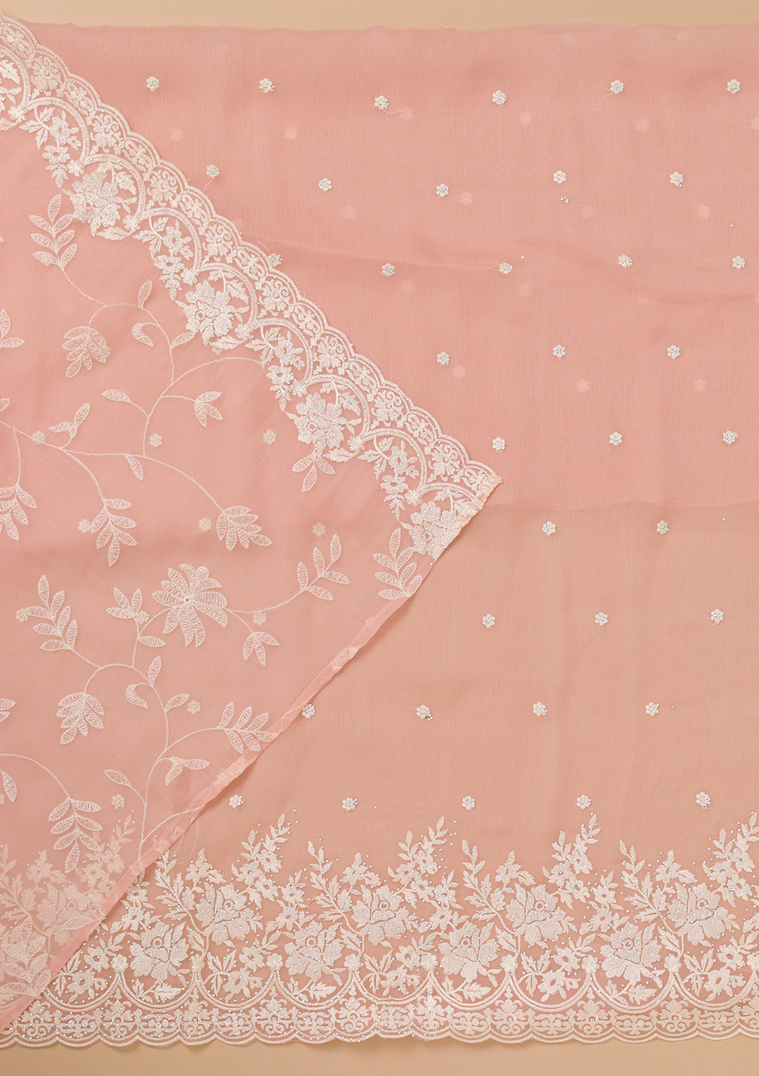 Peach Threadwork Chiffon Unstitched Salwar Suit