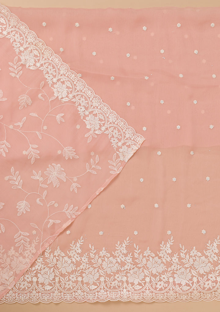 Peach Threadwork Chiffon Unstitched Salwar Suit