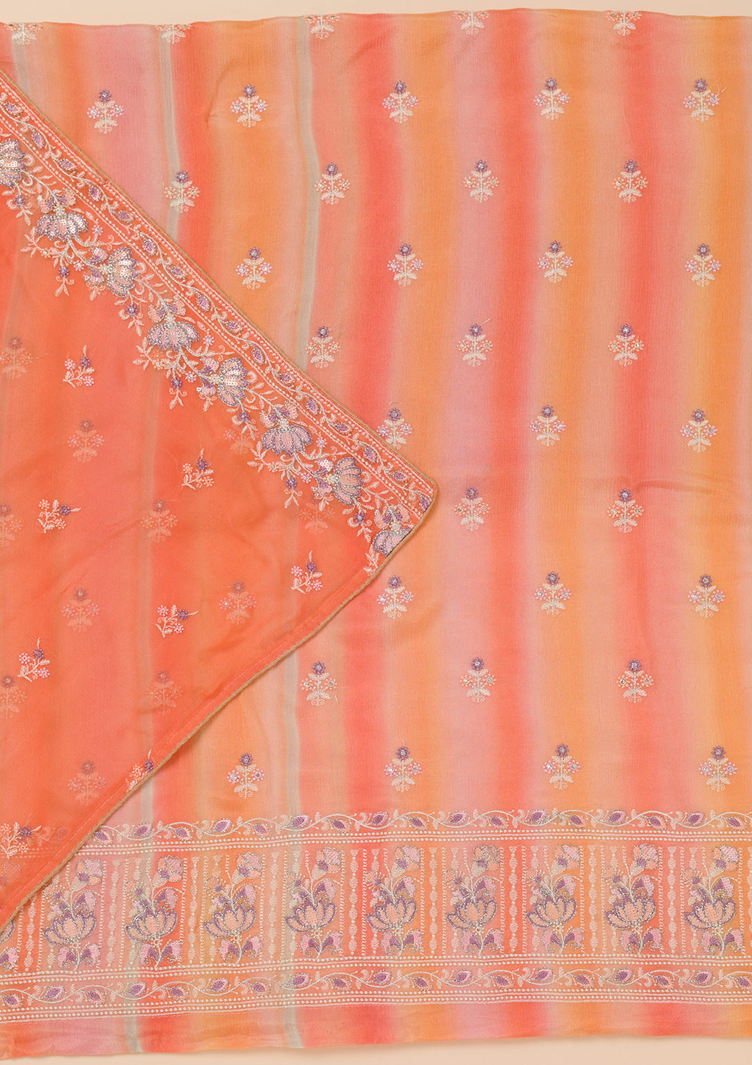 Peach Threadwork Chiffon Unstitched Salwar Suit
