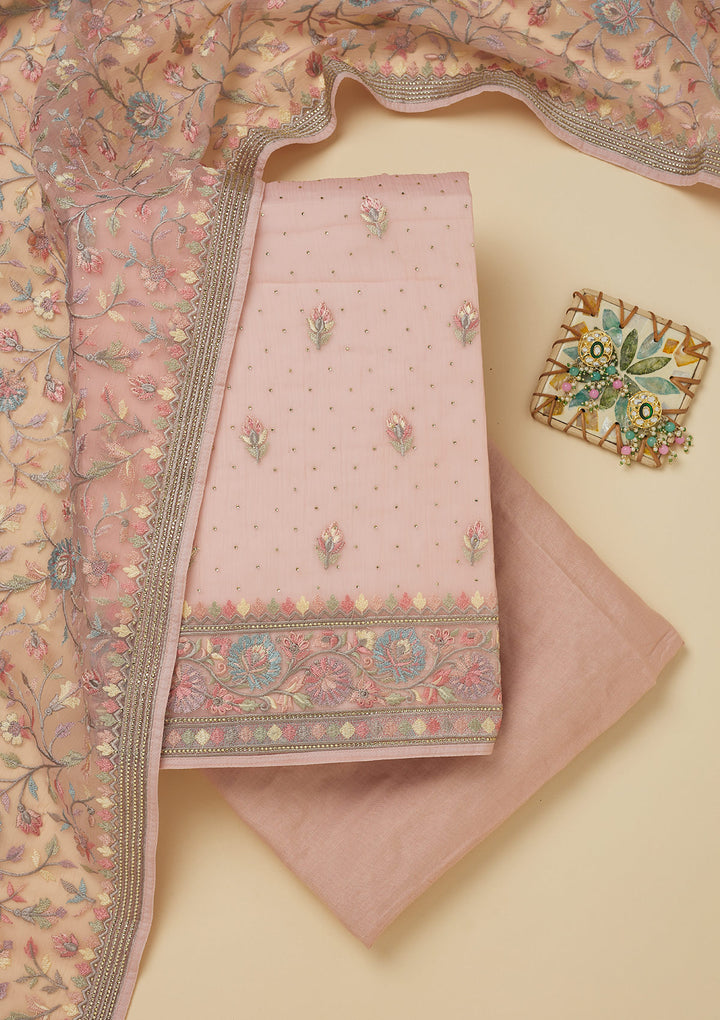 Peach Threadwork Chiffon Unstitched Salwar Suit