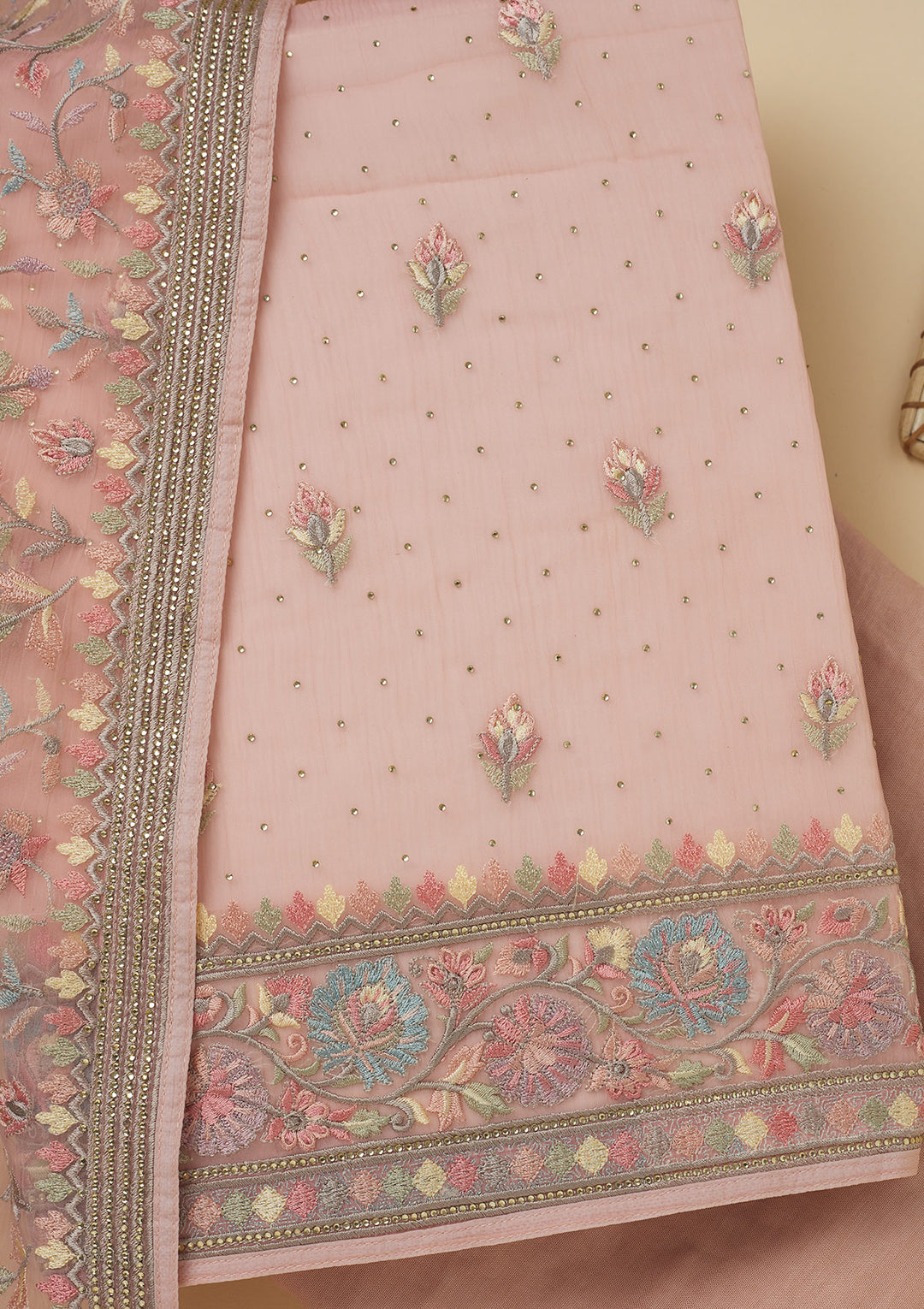 Peach Threadwork Chiffon Unstitched Salwar Suit