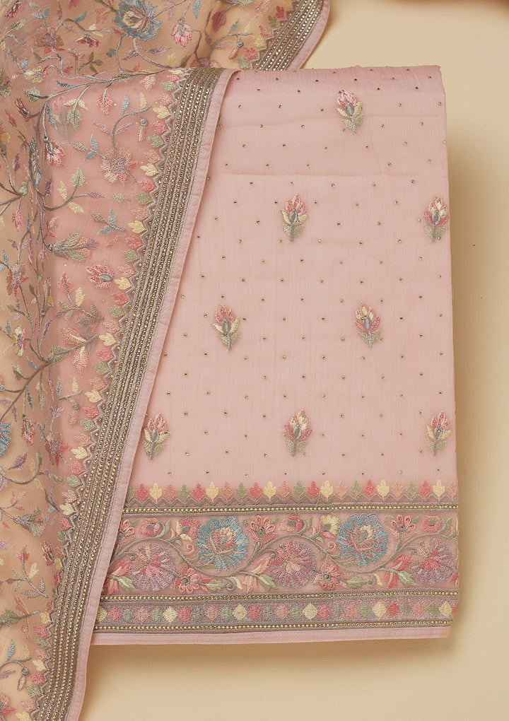 Peach Threadwork Chiffon Unstitched Salwar Suit