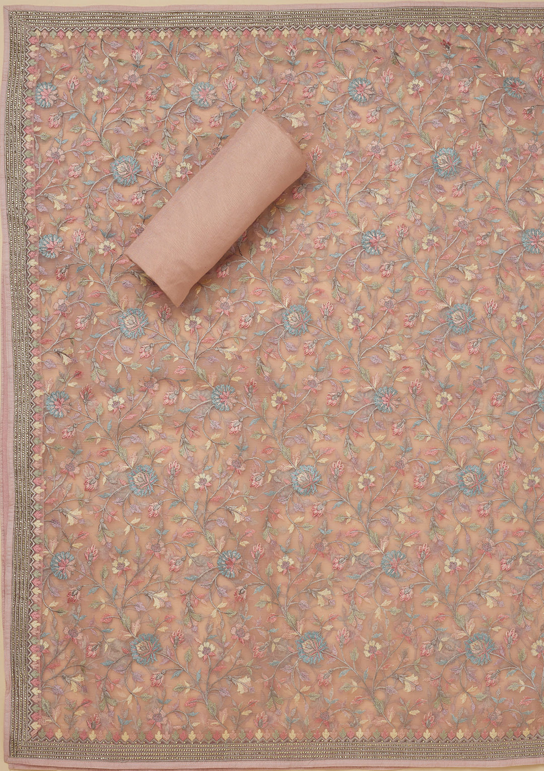 Peach Threadwork Chiffon Unstitched Salwar Suit