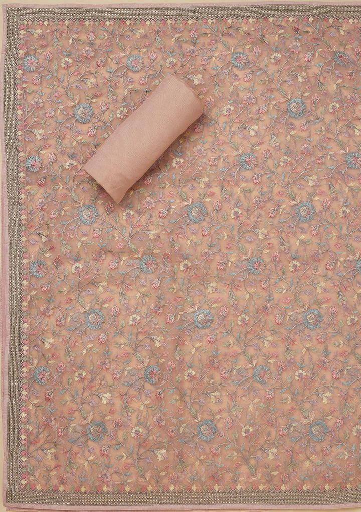 Peach Threadwork Chiffon Unstitched Salwar Suit
