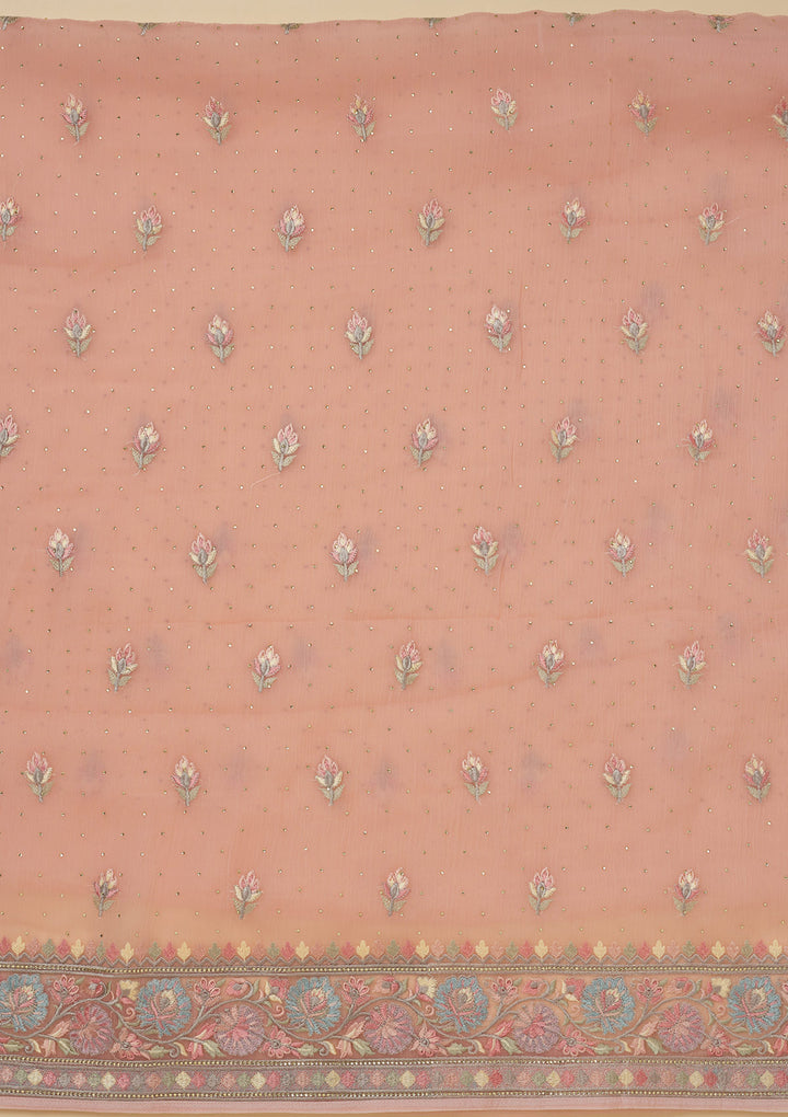 Peach Threadwork Chiffon Unstitched Salwar Suit