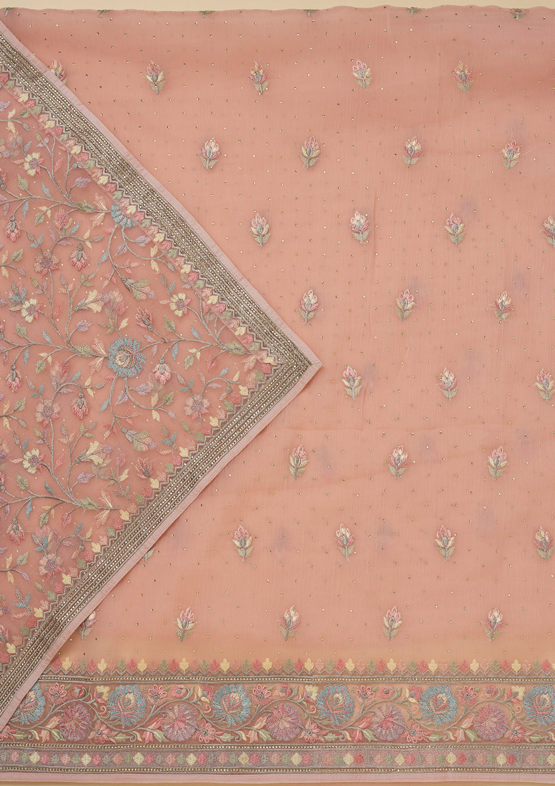 Peach Threadwork Chiffon Unstitched Salwar Suit