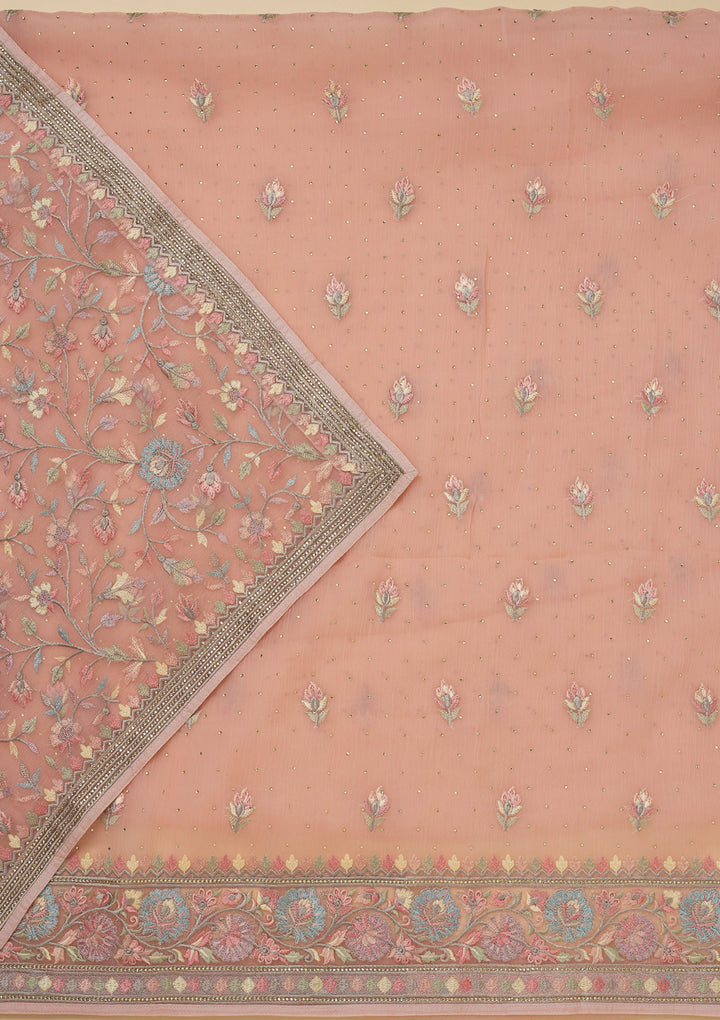 Peach Threadwork Chiffon Unstitched Salwar Suit