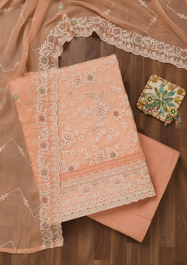 Peach Threadwork Chiffon Unstitched Salwar Suit