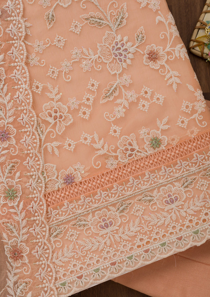 Peach Threadwork Chiffon Unstitched Salwar Suit