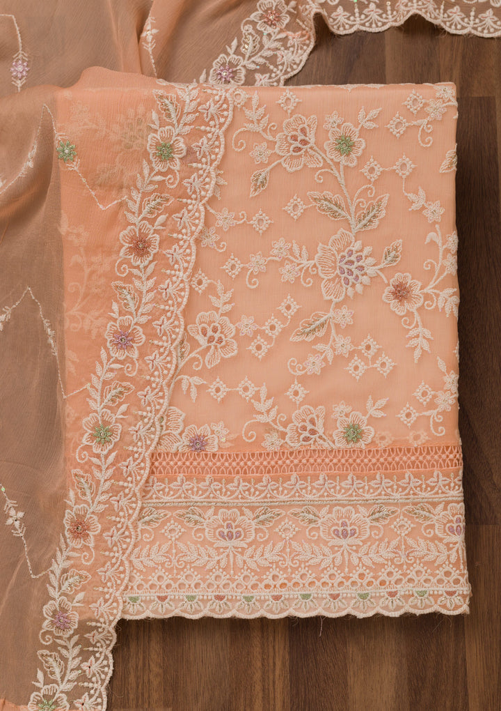 Peach Threadwork Chiffon Unstitched Salwar Suit