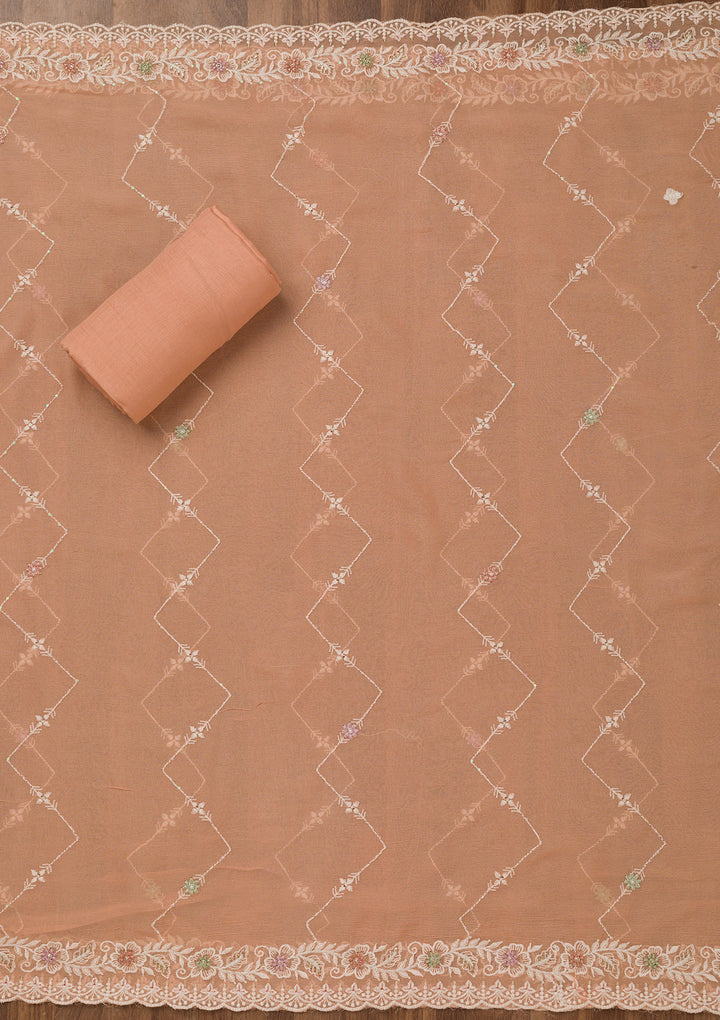 Peach Threadwork Chiffon Unstitched Salwar Suit