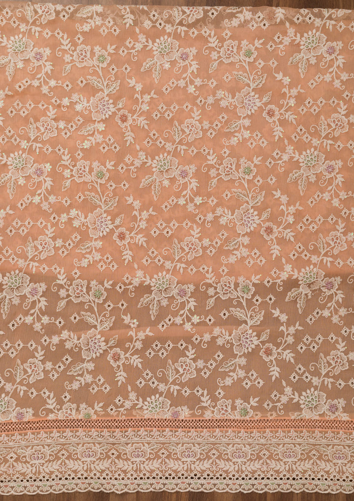 Peach Threadwork Chiffon Unstitched Salwar Suit