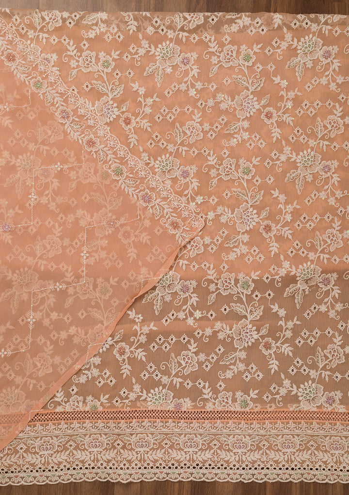Peach Threadwork Chiffon Unstitched Salwar Suit