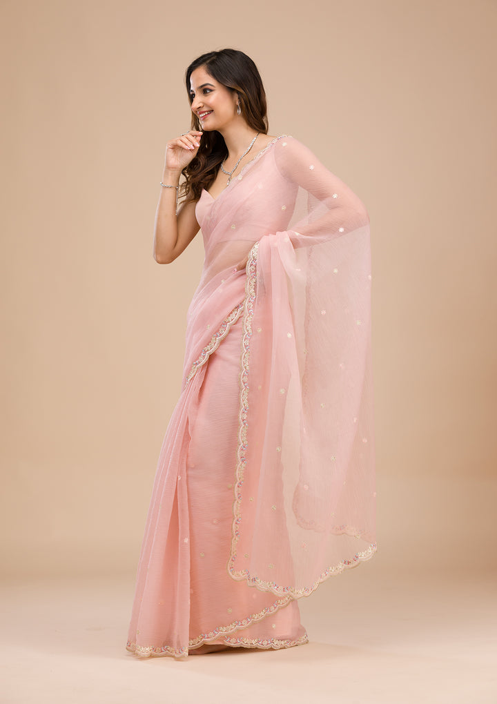 Peach Threadwork Chiffon Saree
