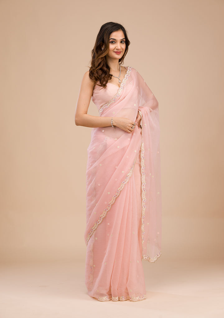 Peach Threadwork Chiffon Saree