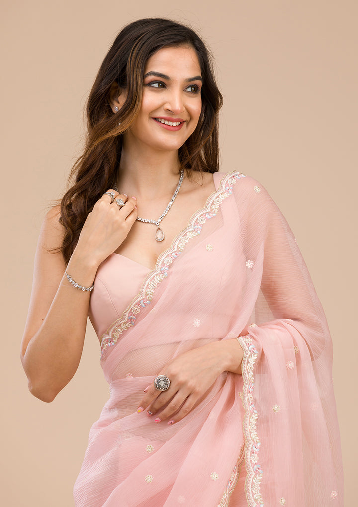 Peach Threadwork Chiffon Saree