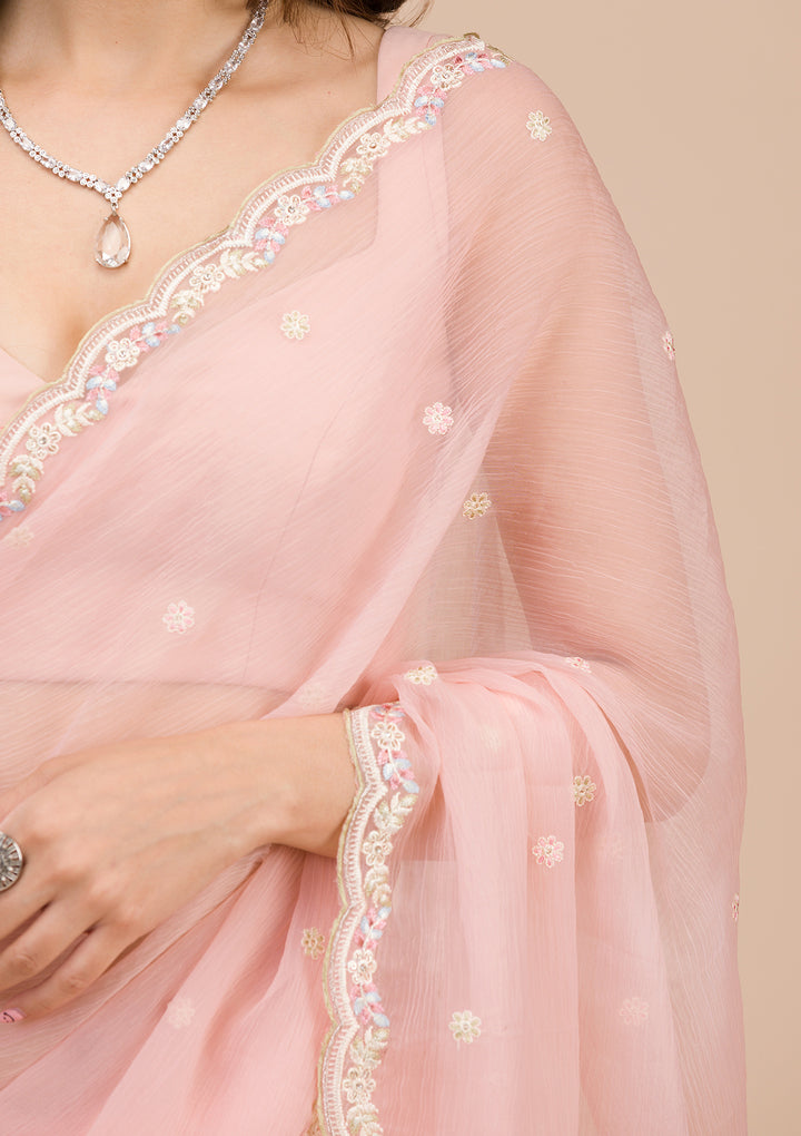 Peach Threadwork Chiffon Saree