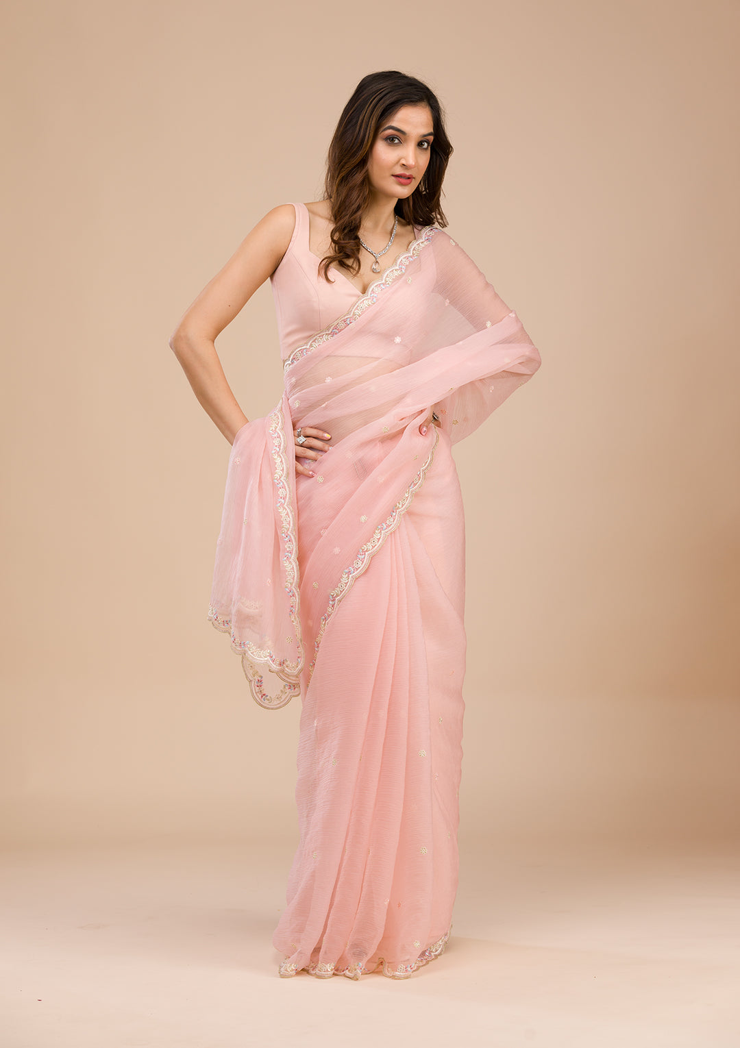 Peach Threadwork Chiffon Saree