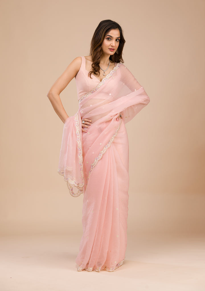 Peach Threadwork Chiffon Saree