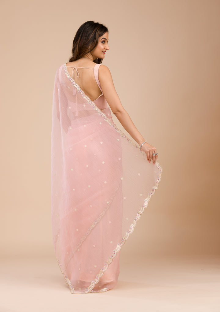 Peach Threadwork Chiffon Saree