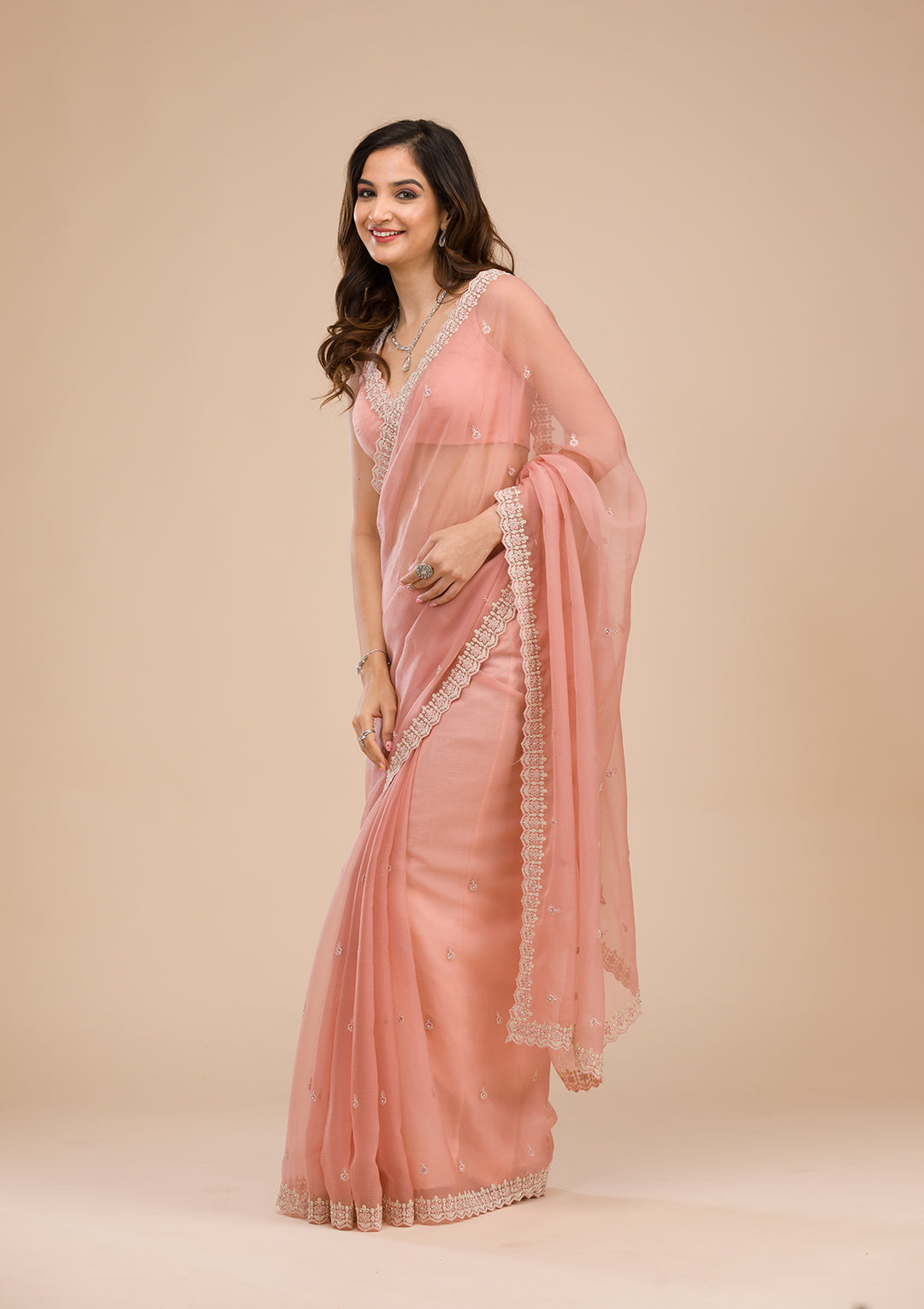 Peach Threadwork Chiffon Saree