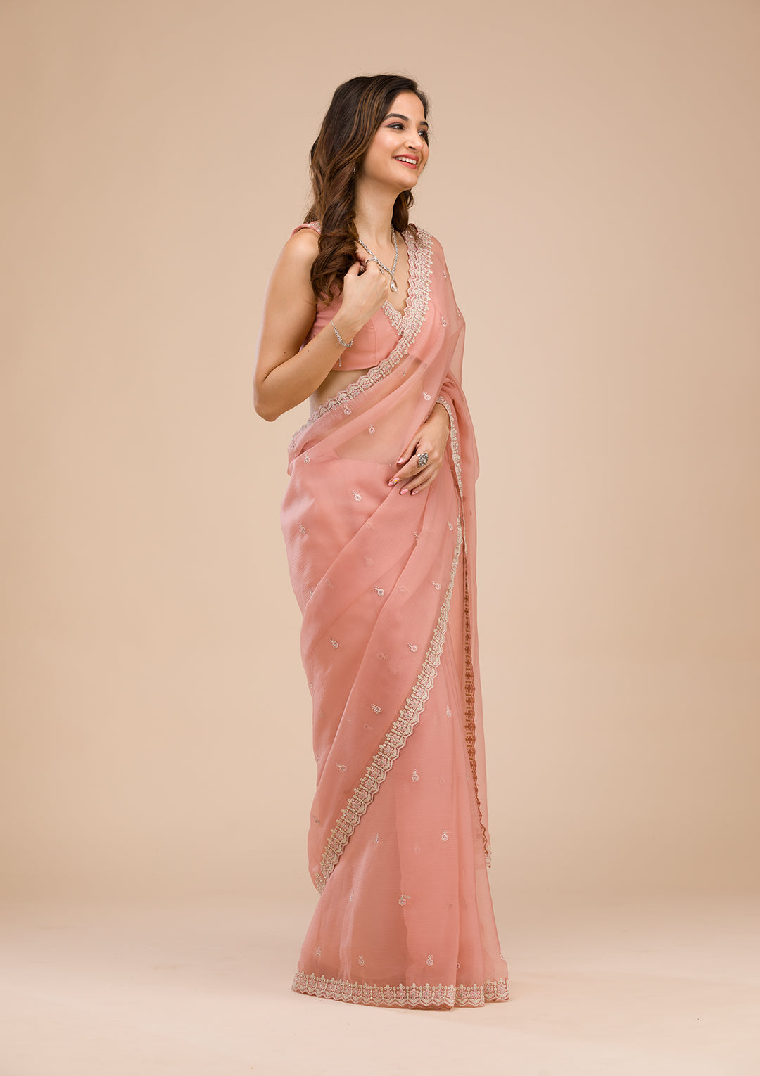 Peach Threadwork Chiffon Saree