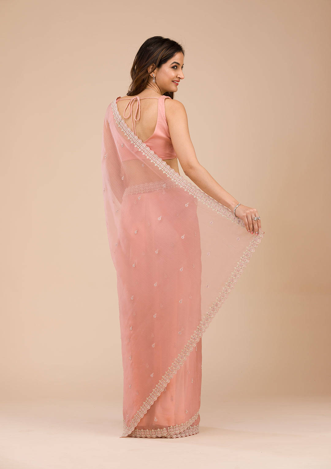 Peach Threadwork Chiffon Saree