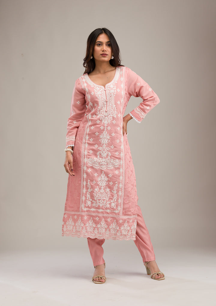 Peach Threadwork Cotton Readymade Salwar Suit