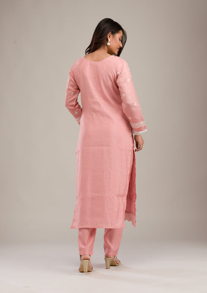 Peach Threadwork Cotton Readymade Salwar Suit