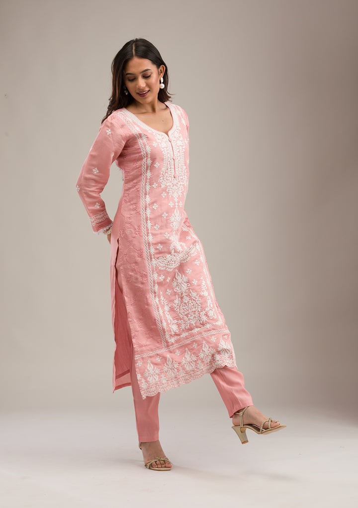 Peach Threadwork Cotton Readymade Salwar Suit