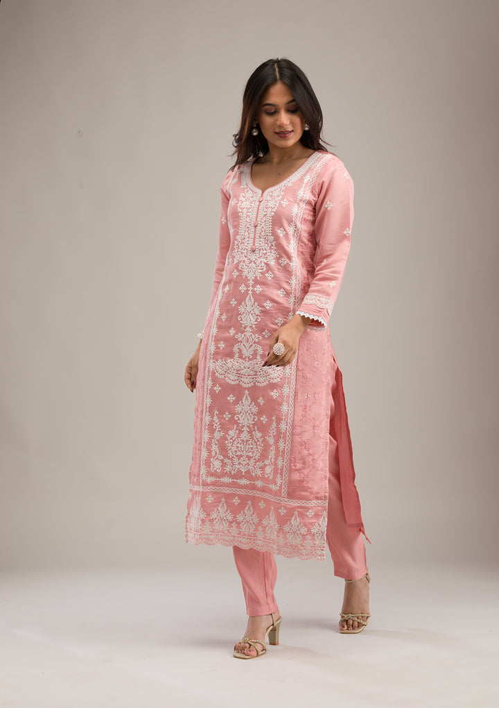 Peach Threadwork Cotton Readymade Salwar Suit