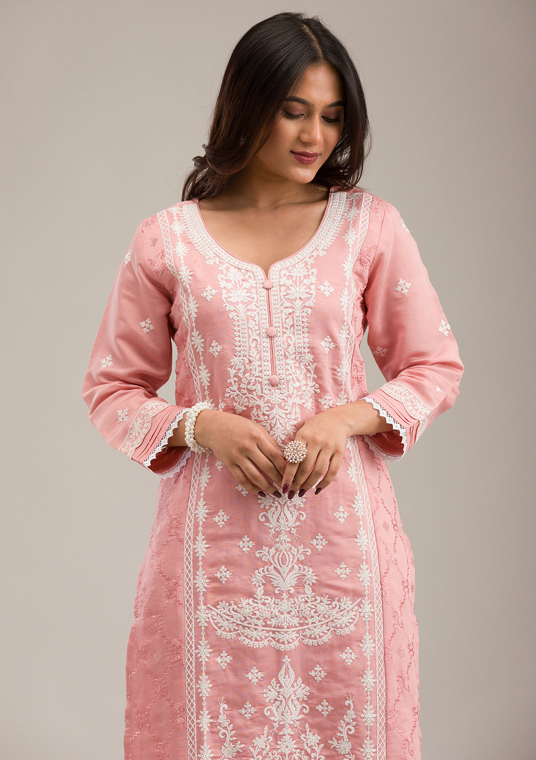 Peach Threadwork Cotton Readymade Salwar Suit