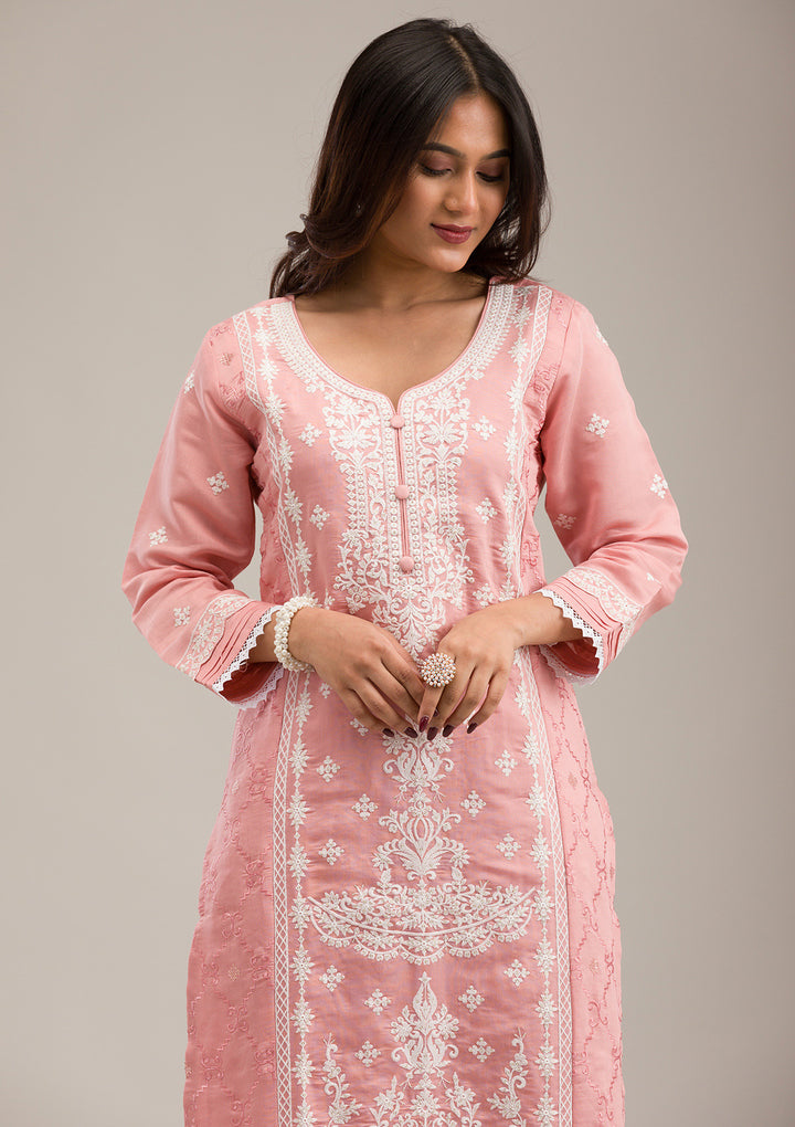 Peach Threadwork Cotton Readymade Salwar Suit
