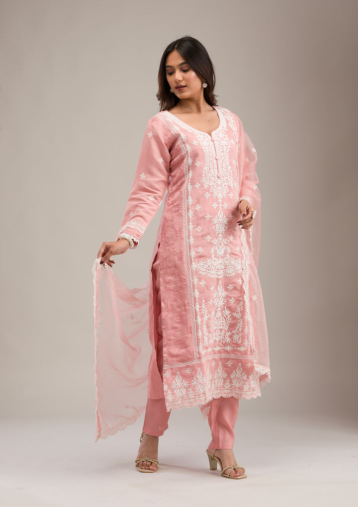 Peach Threadwork Cotton Readymade Salwar Suit