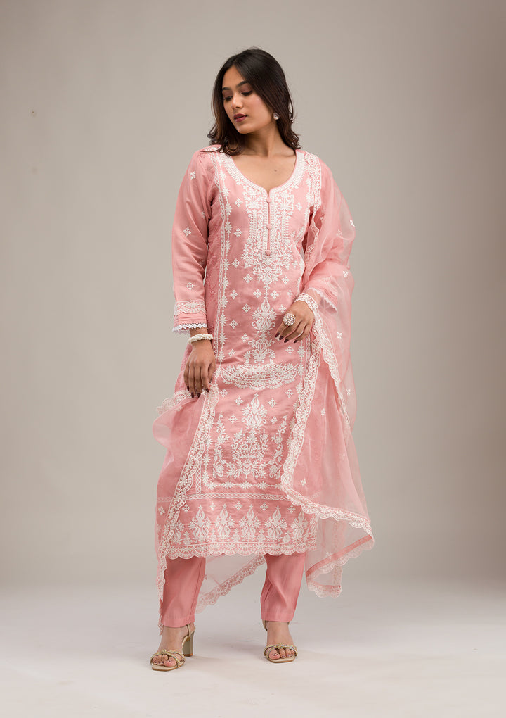 Peach Threadwork Cotton Readymade Salwar Suit