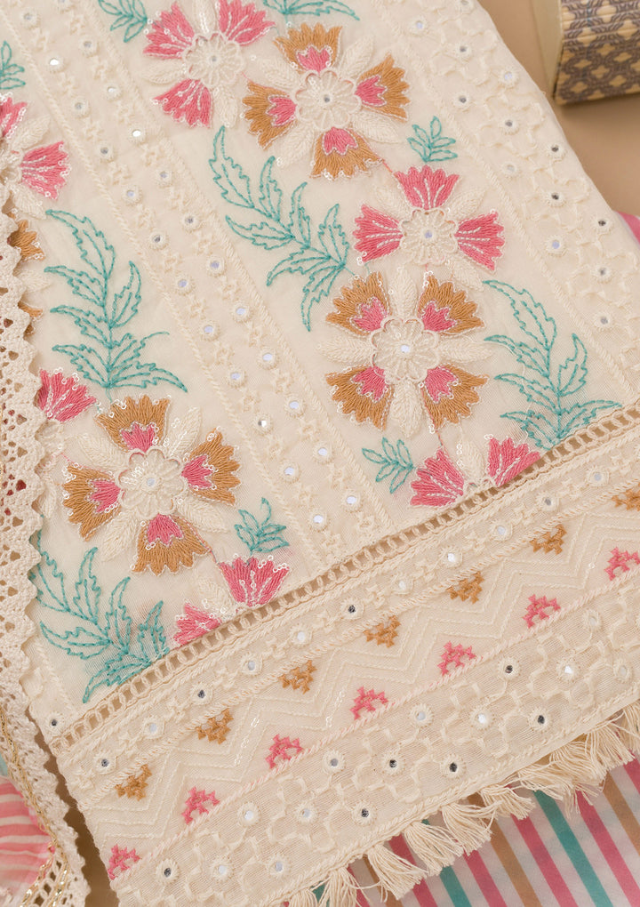 Peach Threadwork Cotton Unstitched Salwar Suit