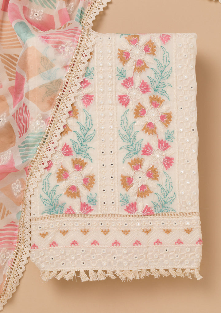 Peach Threadwork Cotton Unstitched Salwar Suit