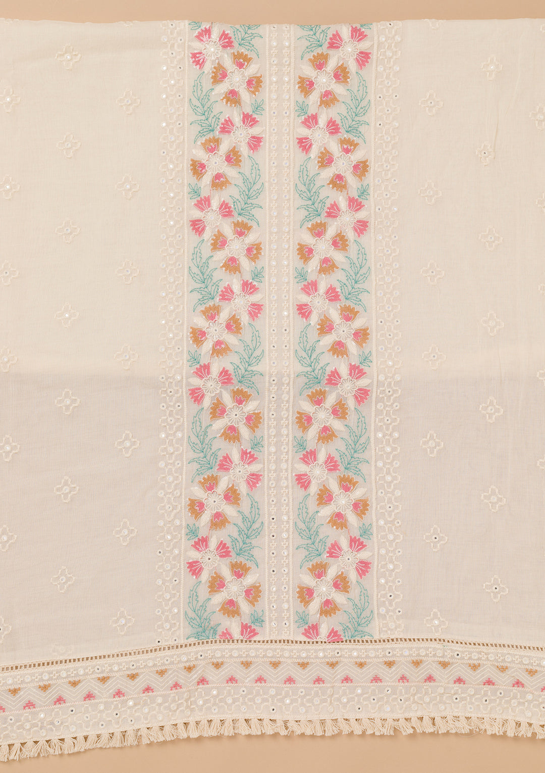 Peach Threadwork Cotton Unstitched Salwar Suit