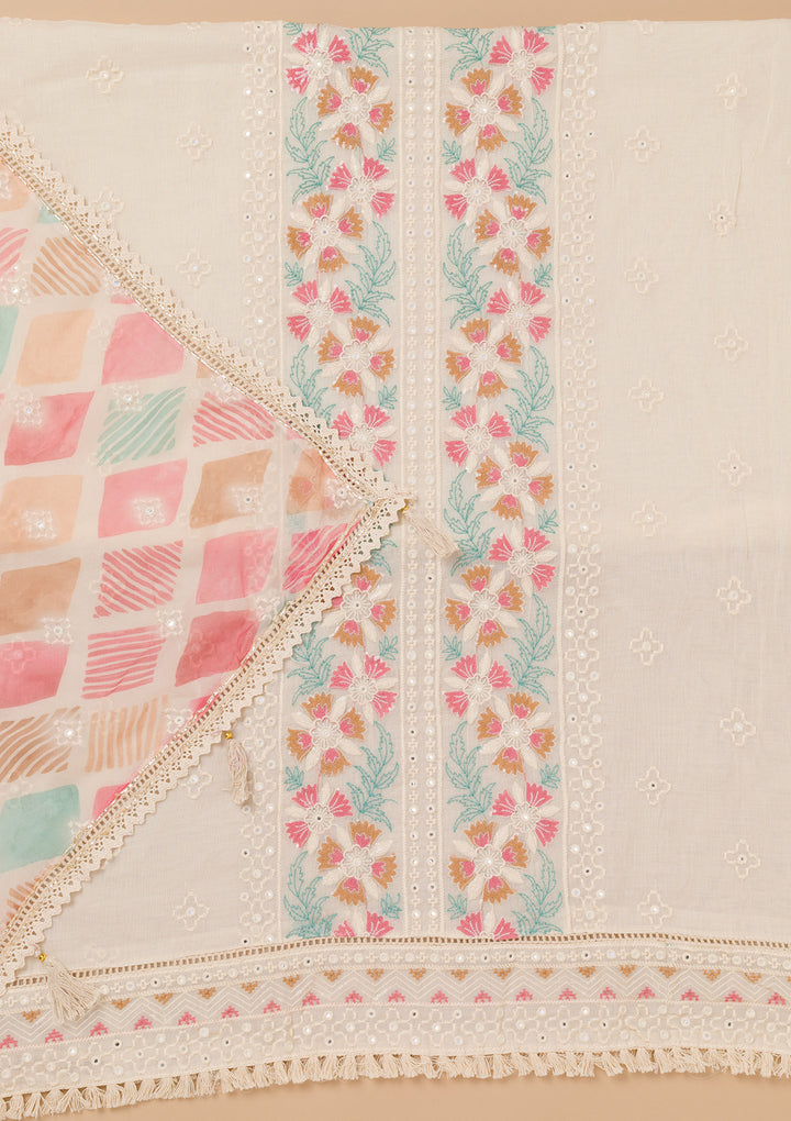 Peach Threadwork Cotton Unstitched Salwar Suit